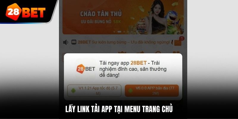 Lấy link tải app tại menu trang chủ